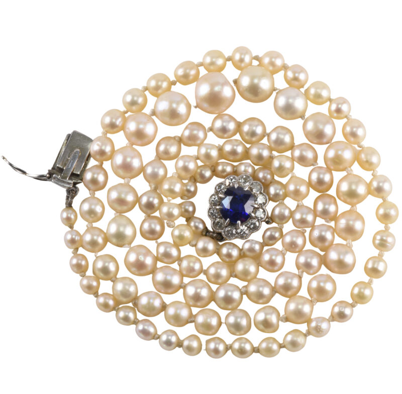 Edwardian Natural Pearl Necklace With Platinum Sapphire & Diamond Clasp