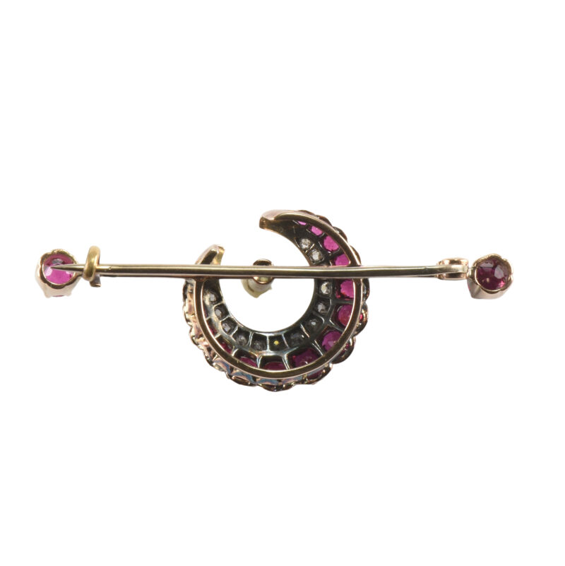 Late Victorian 15k Gold, Ruby, Diamond & Pearl Crescent Brooch