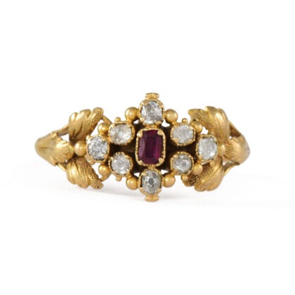 Mid Victorian 15k Gold Ruby & Diamond Cluster Ring