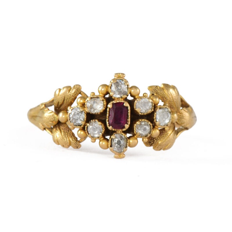 Mid Victorian 15k Gold Ruby & Diamond Cluster Ring