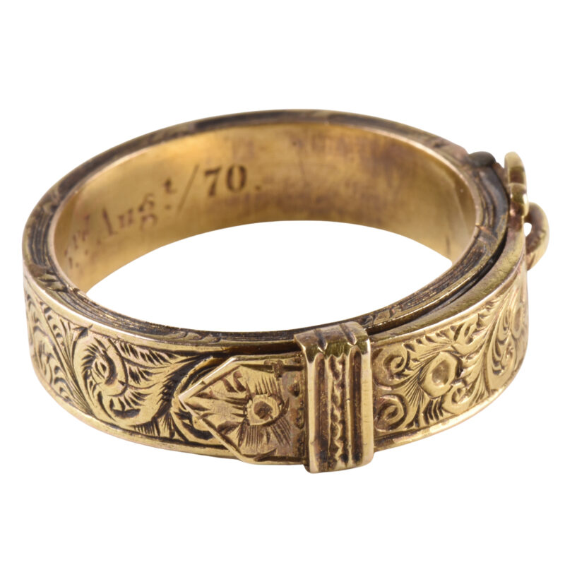 Rare Victorian 18k Gold Engraved Buckle Ring With Secret Compartment c.1870
