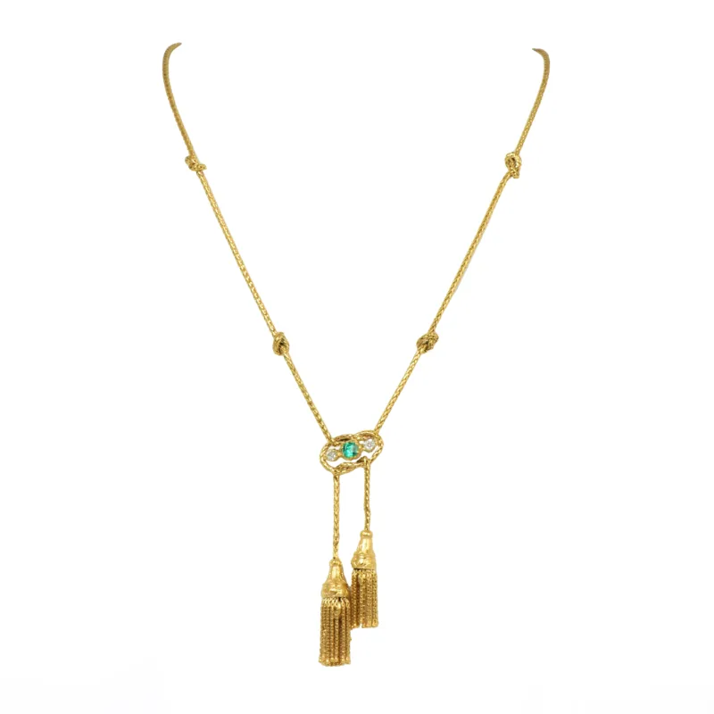 Victorian 15k Gold Emerald & Diamond Tassel Necklace