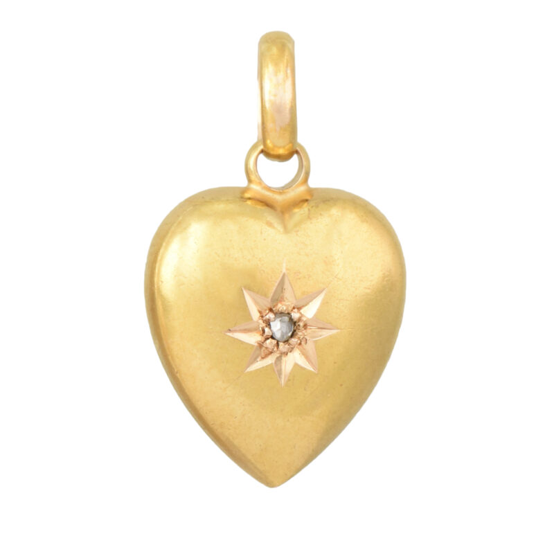 Victorian 15k Gold And Diamond Puffy Heart Pendant