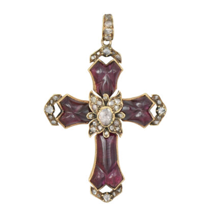 Victorian 15k Gold Carved Garnet & Diamond Cross Pendant