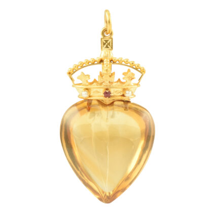 Victorian 15k Gold Citrine Ruby & Pearl Crowned Heart Pendant