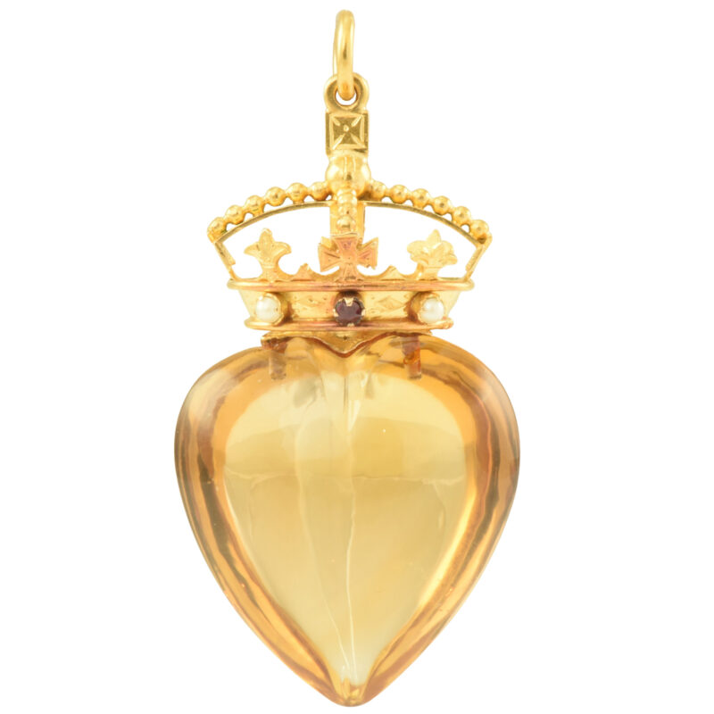 Victorian 15k Gold Citrine Ruby & Pearl Crowned Heart Pendant
