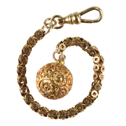 Victorian 15k Gold Embossed Ball & Chain Fob On Small 15k Gold Star Link Chain