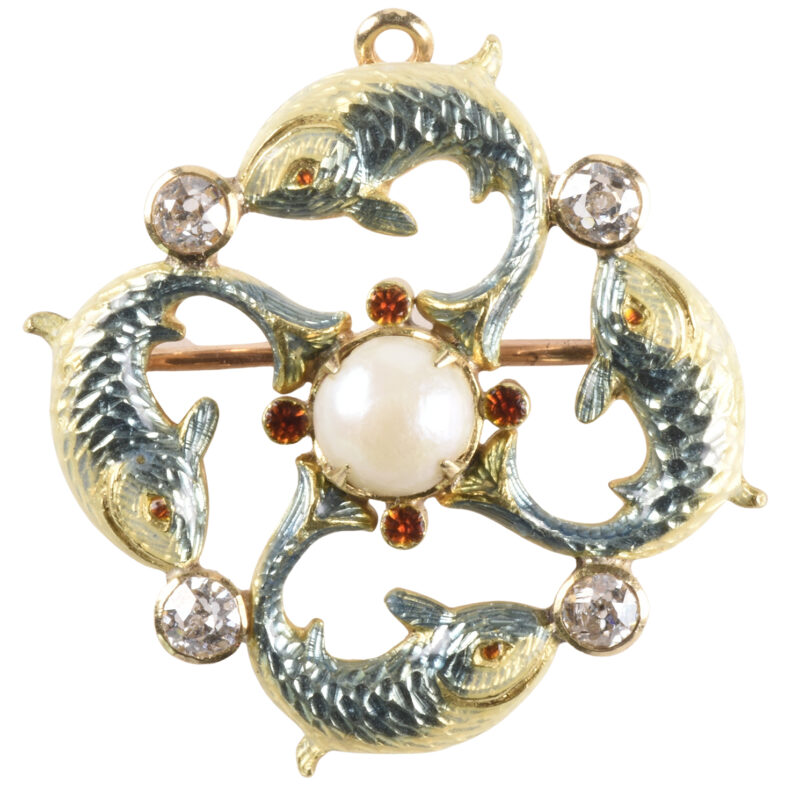 Victorian 15k Gold, Enamel, Diamond & Pearl Fish Pendant/Brooch By Alfred Phillips