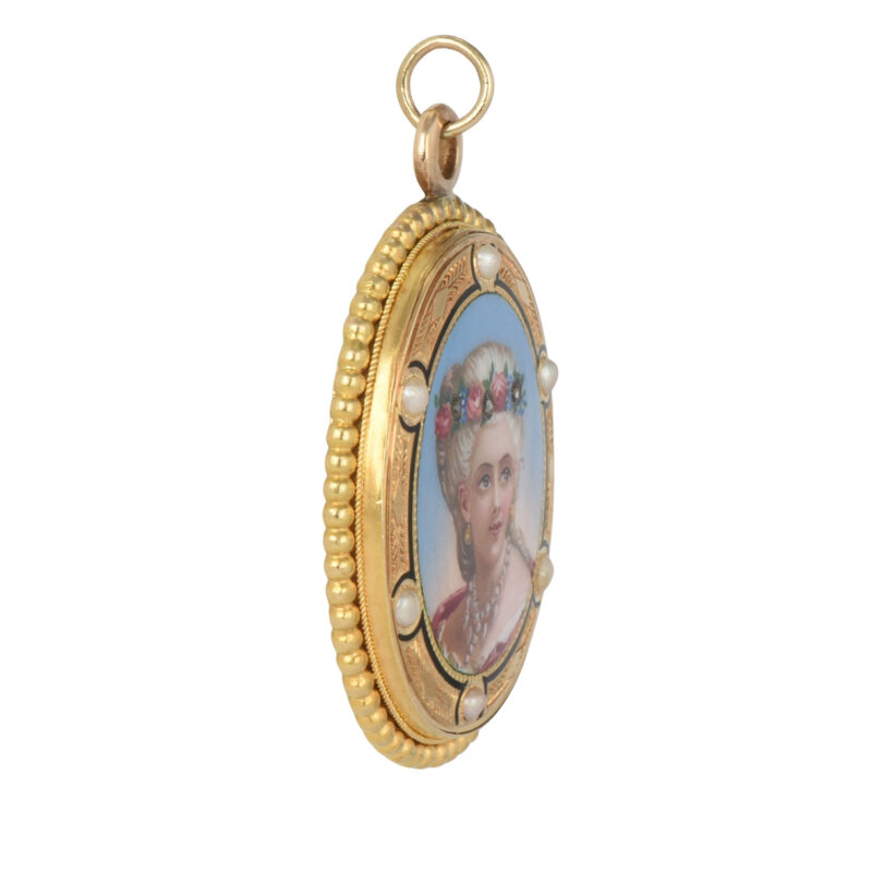 Victorian 15k Gold, Enamel, Pearl & Diamond Maiden Pendant