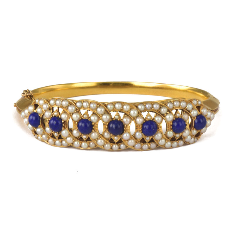 Victorian 15K Gold Lapis Lazuli & Pearl Bangle