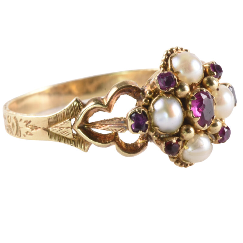 Victorian 15k Gold Ruby & Pearl Cluster Ring