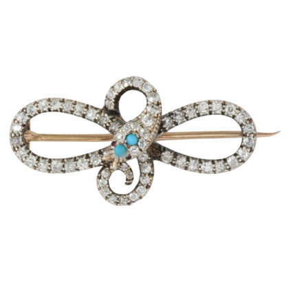 Victorian 15k Gold & Silver, Diamond & Turquoise Snake Brooch