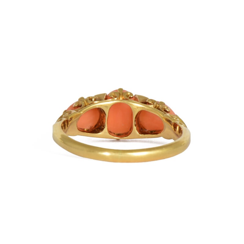 Victorian 18k Carved Gold, Coral & Diamond Ring