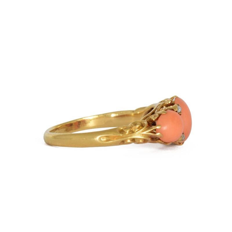 Victorian 18k Carved Gold, Coral & Diamond Ring