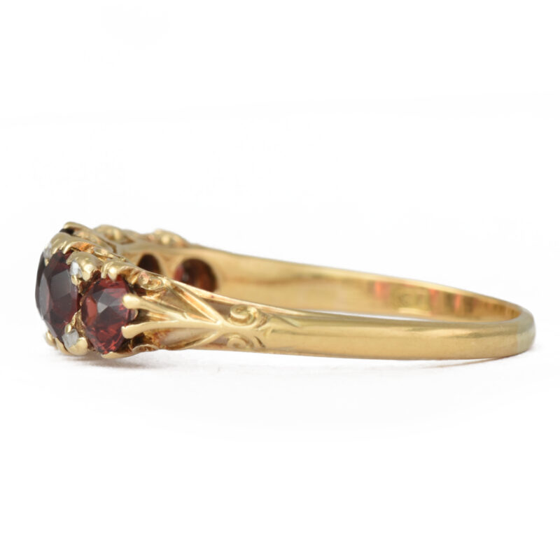 Victorian 18k Carved Gold Garnet & Diamond Five Stone Ring