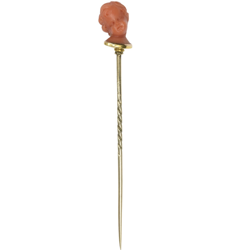 Victorian 18k Gold & Carved Coral Cherub Stick Pin