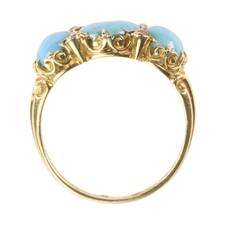 Victorian 18K Gold Three Stone Turquoise & Diamond Ring