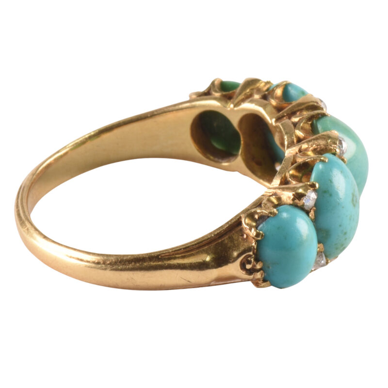 Victorian 18k Gold Turquoise & Diamond Five Stone Ring