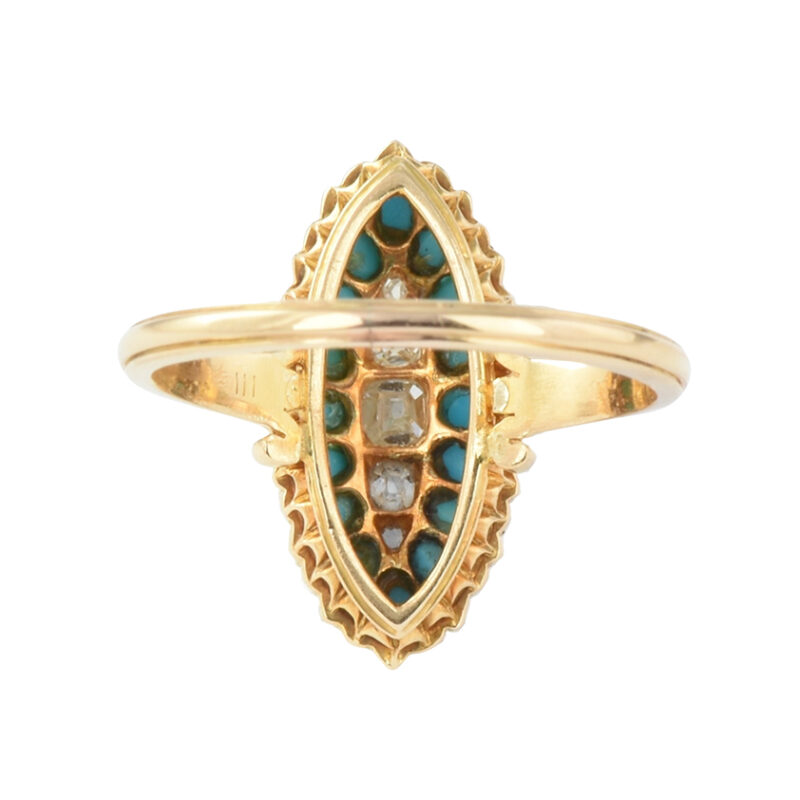 Victorian 18k Gold Turquoise & Diamond Navette Ring