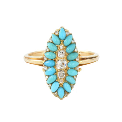Victorian 18k Gold Turquoise & Diamond Navette Ring