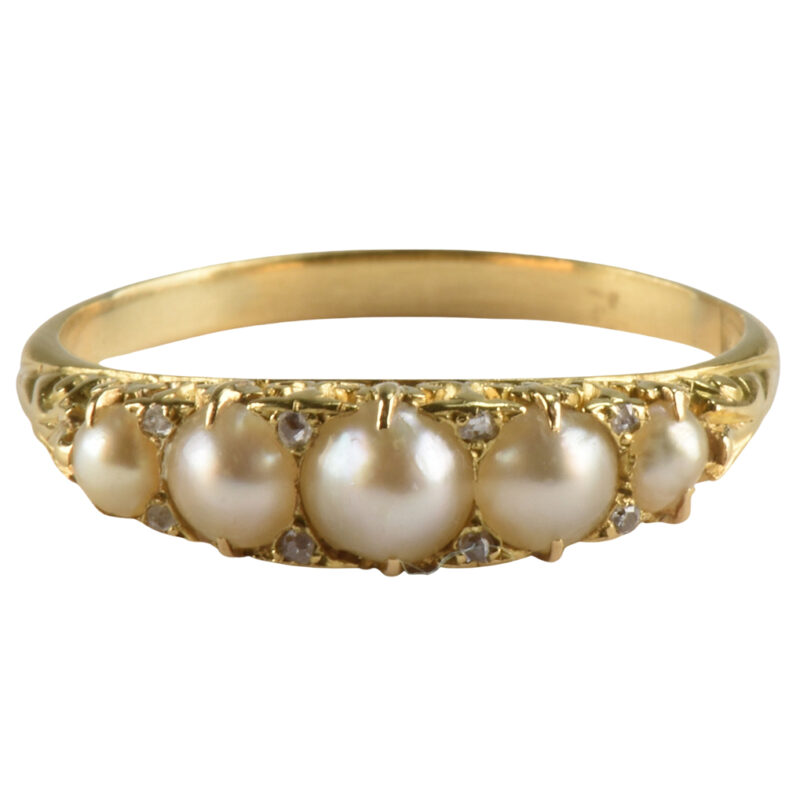Victorian Carved 18k Gold Pearl & Diamond Ring