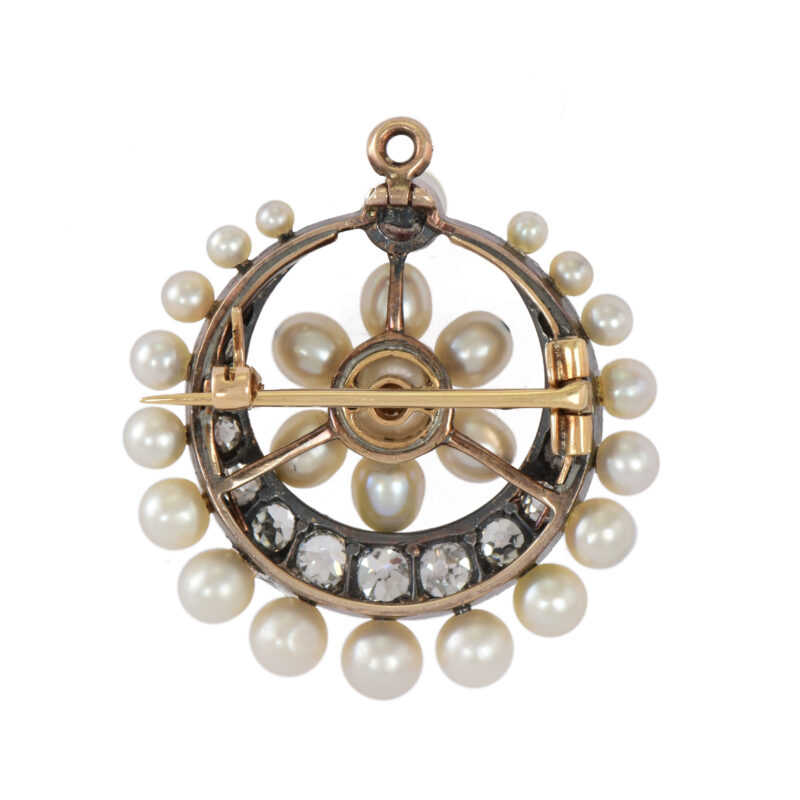 Victorian Natural Pearl & Diamond Crescent Brooch/Pendant
