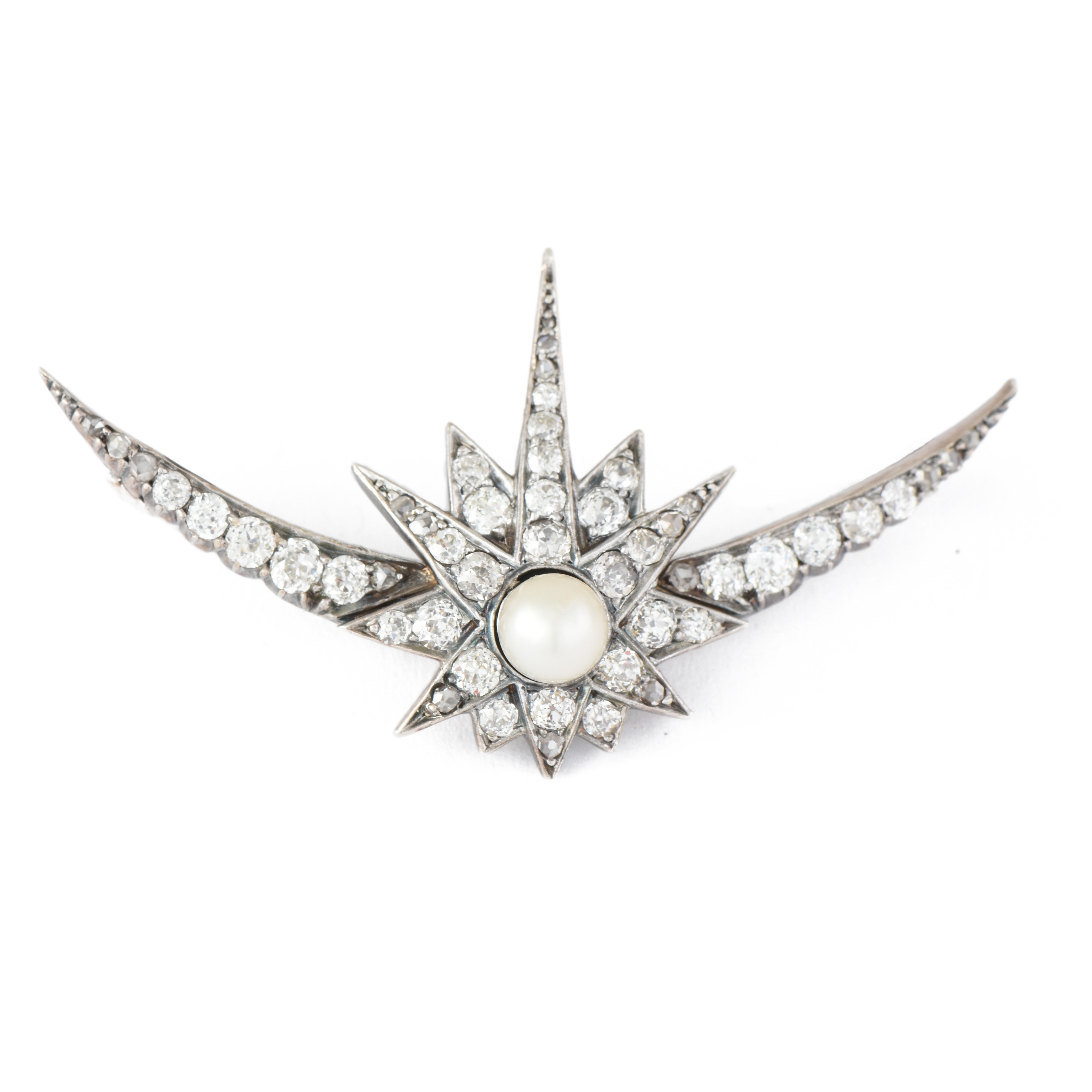 Victorian Pearl & Diamond Crescent & Star Brooch