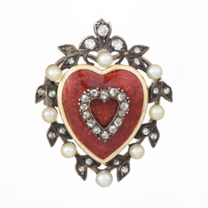 Victorian Red Enamel, Diamond & Pearl Heart Locket