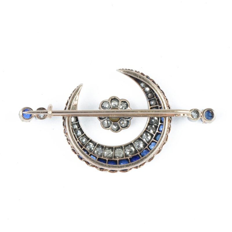 Victorian Sapphire, Diamond & Pearl Crescent Brooch