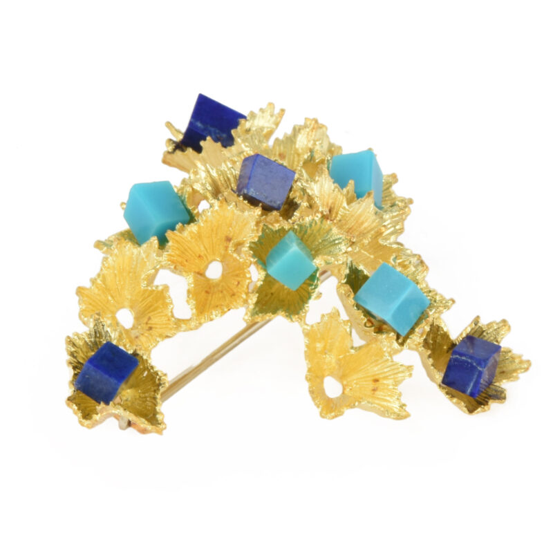 Vintage 18k Gold Abstract Blue Cube Brooch