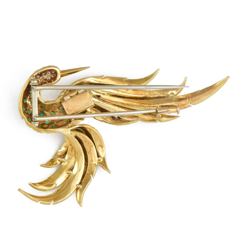 Vintage French 18k Gold Gem Set Bird Of Paradise Brooch