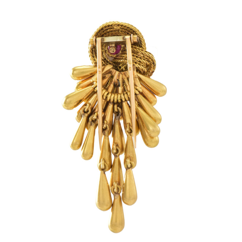 Vintage French 18k Gold Tassels, Ruby Set Clip